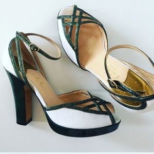 Cole Haan green and tan peep toe heel
